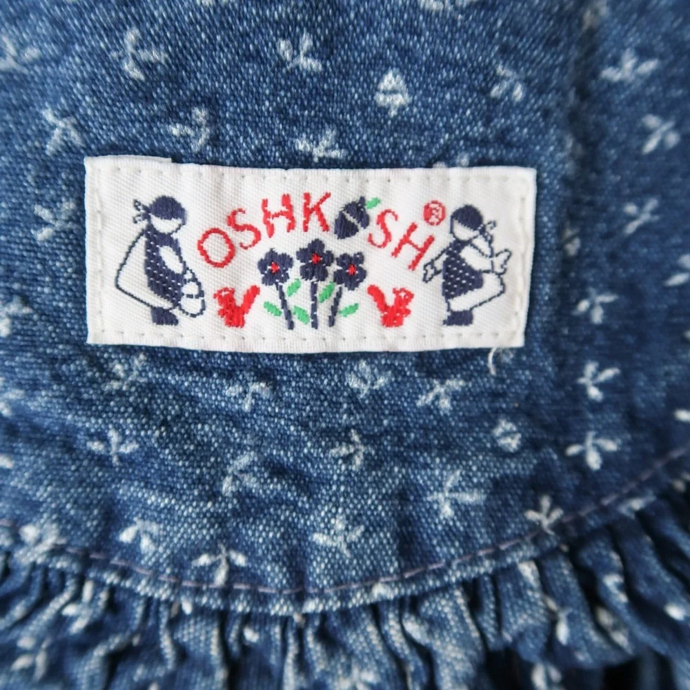 Vintage OshKosh B'Gosh Girl & Flowers Print Long Sleeve Denim Bib Dress 3-4T